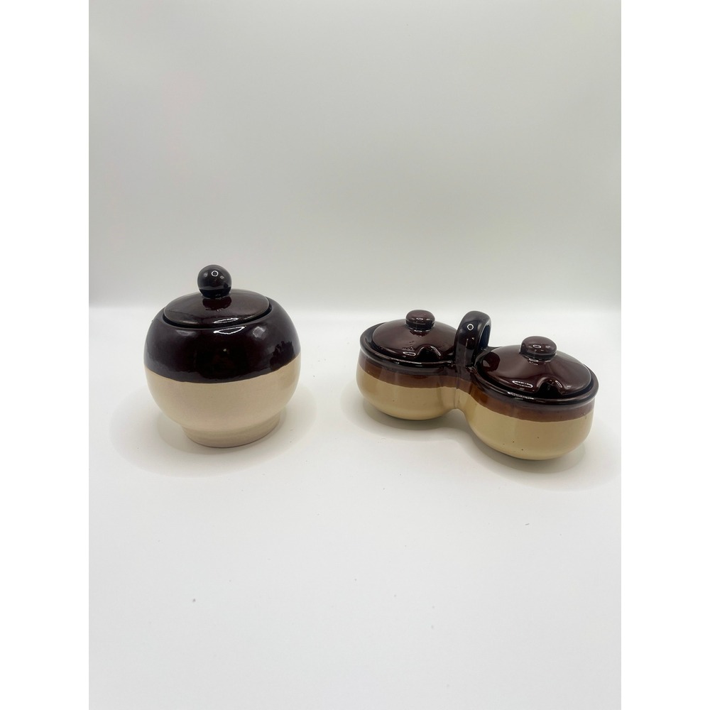 Vintage Two Tone Brown Tan Stoneware Sugar Bowl and Double Jam Jelly Server Set